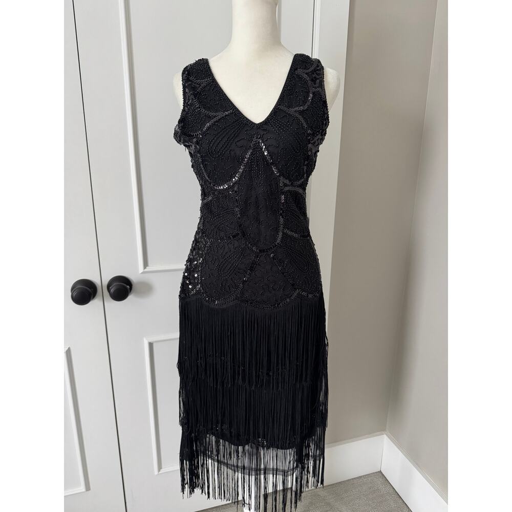 Black Sequins Fringe Dress Stunning Party Stopper Size Small